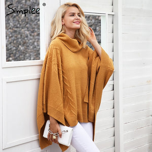 Simplee Knitted turtleneck sweater cape Women casual gray winter pullover poncho Autumn streetwear warm black capes tops 2018