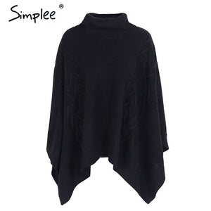 Simplee Knitted turtleneck sweater cape Women casual gray winter pullover poncho Autumn streetwear warm black capes tops 2018