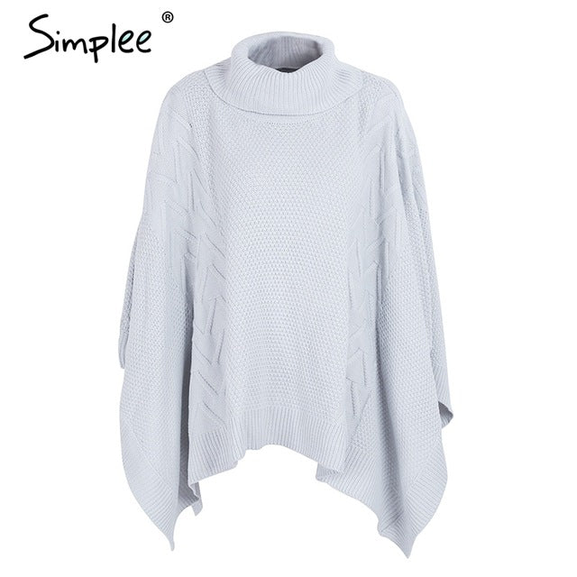 Simplee Knitted turtleneck sweater cape Women casual gray winter pullover poncho Autumn streetwear warm black capes tops 2018