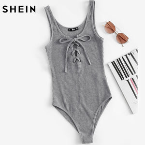 SHEIN Lace Up Front Rib Knit Heathered Bodysuit Grey Scoop Neck Sleeveless Summer Sexy Skinny Body Suits for Women