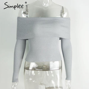 Simplee off shoulder elastic winter sweater women Short gray lapel pullover sexy white jumpers Autumn bodycon basic knitwear top