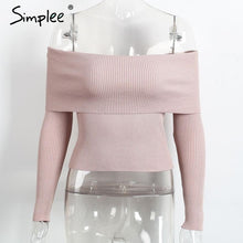 Load image into Gallery viewer, Simplee off shoulder elastic winter sweater women Short gray lapel pullover sexy white jumpers Autumn bodycon basic knitwear top