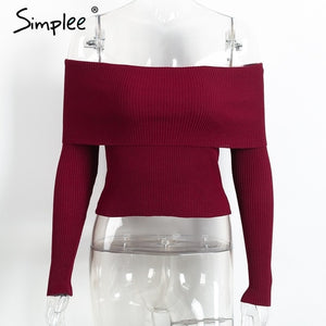 Simplee off shoulder elastic winter sweater women Short gray lapel pullover sexy white jumpers Autumn bodycon basic knitwear top