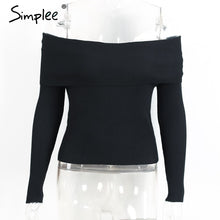 Load image into Gallery viewer, Simplee off shoulder elastic winter sweater women Short gray lapel pullover sexy white jumpers Autumn bodycon basic knitwear top