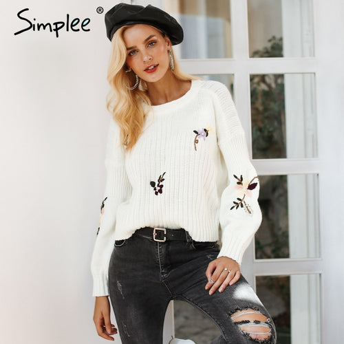 Simplee Embroidery floral knitted sweater Women casual white winter pullover Autumn elegant streetwear jumper 2018