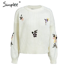 Load image into Gallery viewer, Simplee Embroidery floral knitted sweater Women casual white winter pullover Autumn elegant streetwear jumper 2018