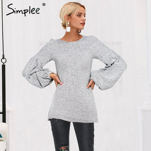 Simplee Vintage lantern sleeve knitted sweater women plus size Elegant loose casual pullover winter 2018 jumper pull femme