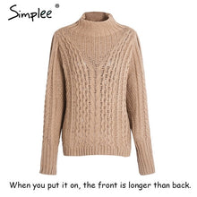 Load image into Gallery viewer, Simplee Casual warm autumn winter sweater women jumper Cold shoulder knitting pullover Hollow out high neck sweater female