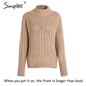 Simplee Casual warm autumn winter sweater women jumper Cold shoulder knitting pullover Hollow out high neck sweater female