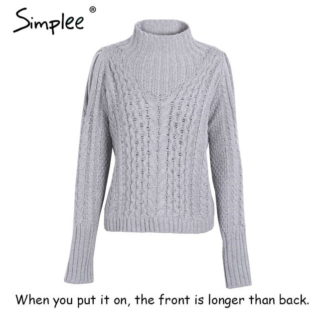 Simplee Casual warm autumn winter sweater women jumper Cold shoulder knitting pullover Hollow out high neck sweater female