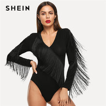 Load image into Gallery viewer, SHEIN Black Elegant Weekend Casual Fringe Embellished Form Fitting Solid Skinny Bodysuit 2018 Summer Fashion Women Bodysuits