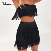 Load image into Gallery viewer, Tobinoone Women sexy club tassel short crop top women tops skirt summer 2 piece set for female women two pieces set skirts white