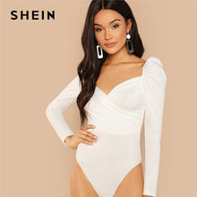 Load image into Gallery viewer, SHEIN White Elegant Office Lady Puff Sleeve Surplice Neck Ruched Solid Mid Waist Bodysuit 2018 Autumn Workwear Women Bodysuits