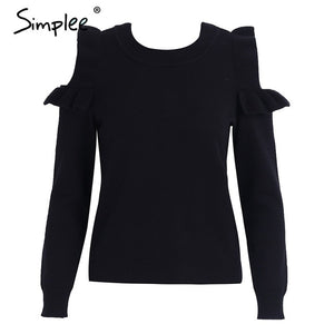 Simplee Elegant cold shoulder knitted sweater women jumper Casual long sleeve sweater female Autumn winter ladies pullover 2018