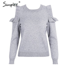 Load image into Gallery viewer, Simplee Elegant cold shoulder knitted sweater women jumper Casual long sleeve sweater female Autumn winter ladies pullover 2018