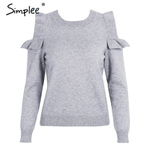 Simplee Elegant cold shoulder knitted sweater women jumper Casual long sleeve sweater female Autumn winter ladies pullover 2018