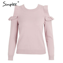 Load image into Gallery viewer, Simplee Elegant cold shoulder knitted sweater women jumper Casual long sleeve sweater female Autumn winter ladies pullover 2018