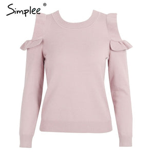 Simplee Elegant cold shoulder knitted sweater women jumper Casual long sleeve sweater female Autumn winter ladies pullover 2018