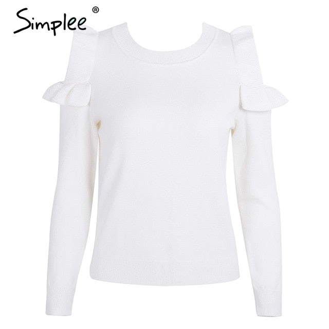 Simplee Elegant cold shoulder knitted sweater women jumper Casual long sleeve sweater female Autumn winter ladies pullover 2018