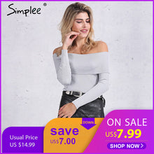 Load image into Gallery viewer, Simplee off shoulder elastic winter sweater women Short gray lapel pullover sexy white jumpers Autumn bodycon basic knitwear top