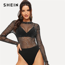 Load image into Gallery viewer, SHEIN Sexy Black Mesh Contrast Sheer Star Sequined Bodysuit Women Mid Waist Ruffle Sleeve Skinny Without Bra Summer Bodysuits