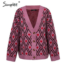 Load image into Gallery viewer, Simplee Heart print ladies knitted cardigan female Casual Single breasted jumper 2018 Autumn winter oversized women sweater tops