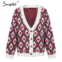 Load image into Gallery viewer, Simplee Heart print ladies knitted cardigan female Casual Single breasted jumper 2018 Autumn winter oversized women sweater tops