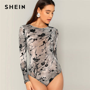 SHEIN Lady Classy Grey Sheer Jacquard Skinny Bodysuit Women 2019 Spring Streetwear Casual Stretchy Mid Waist Bodycon Bodysuits