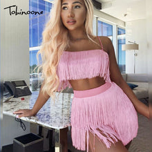 Load image into Gallery viewer, Tobinoone Women sexy club tassel short crop top women tops skirt summer 2 piece set for female women two pieces set skirts white
