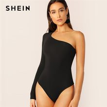 Load image into Gallery viewer, SHEIN One Shoulder Form Fitting Bodysuit Stretchy Sexy Solid Long Sleeve Basics Bodysuits Women 2019 Summer Skinny Bodysuits