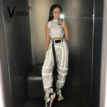 Load image into Gallery viewer, Women 2 Piece Tracksuit Reflective Cropped Top Loose Pants Sets Fashion Female Shine Black Tank Top And Trouser Chandal Mujer