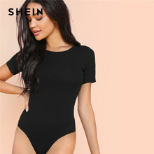 Load image into Gallery viewer, SHEIN Black Minimalist Solid Form Fitting Bodysuit Casual O-Neck Short Sleeve Skinny Bodysuit Women Summer Tshirt Bodysuits