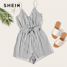 Load image into Gallery viewer, SHEIN Striped Wrap Cami Rompers Womens Jumpsuit With Belt Women Vacation Beach Sleeveless Sexy Jumpsuit 2019 Summer Playsuit