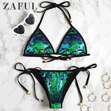 Load image into Gallery viewer, ZAFUL Bikini 2019 Women Sequined Scrunch Butt String Bikini Set Self-Tie Halter Shinning Sequins Swimsuit Low Waisted Swimwear