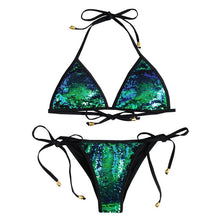 Load image into Gallery viewer, ZAFUL Bikini 2019 Women Sequined Scrunch Butt String Bikini Set Self-Tie Halter Shinning Sequins Swimsuit Low Waisted Swimwear