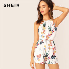 Load image into Gallery viewer, SHEIN Elastic Waist Floral Print Halter Romper 2019 Casual White Short Summer Sleeveless Tank Mid Waist Straight Leg Playsuit